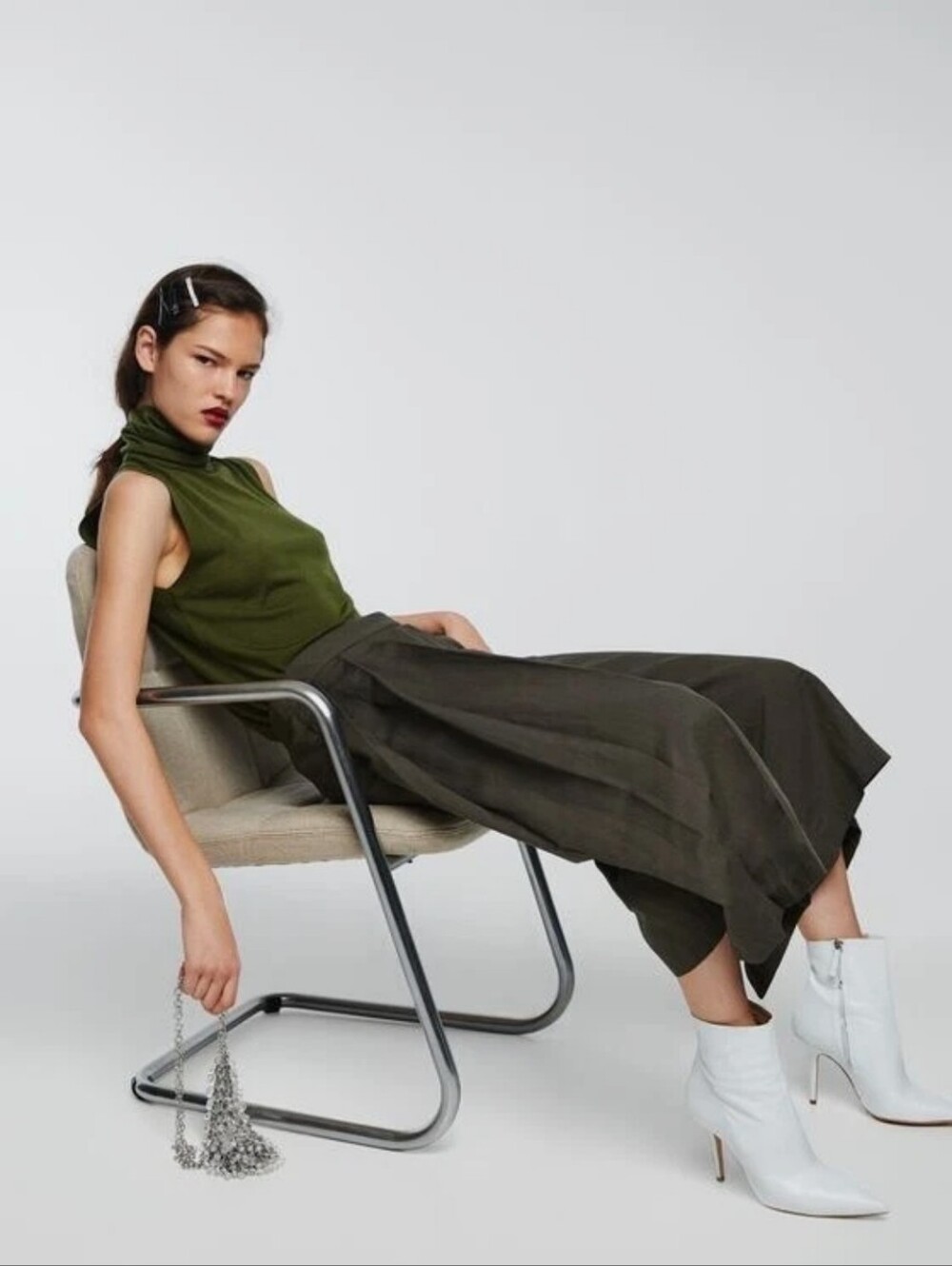 ZARA Olive Green Culottes Pleated Wide Leg Linen Blend Size XS Pockets